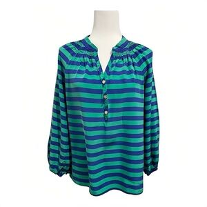 Lilly Pulitzer Elsa Navy Blue Teal Stripe 100% Silk Long Sleeve V-Neck Blouse S